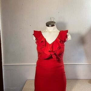 Women's Just Taylor Sleeveless Red Ruffle Trim V Neck Sheath Dress Sz 10
